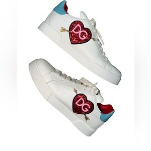 Dolce & Gabbana White Sneakers with Red Heart and Blue Accent